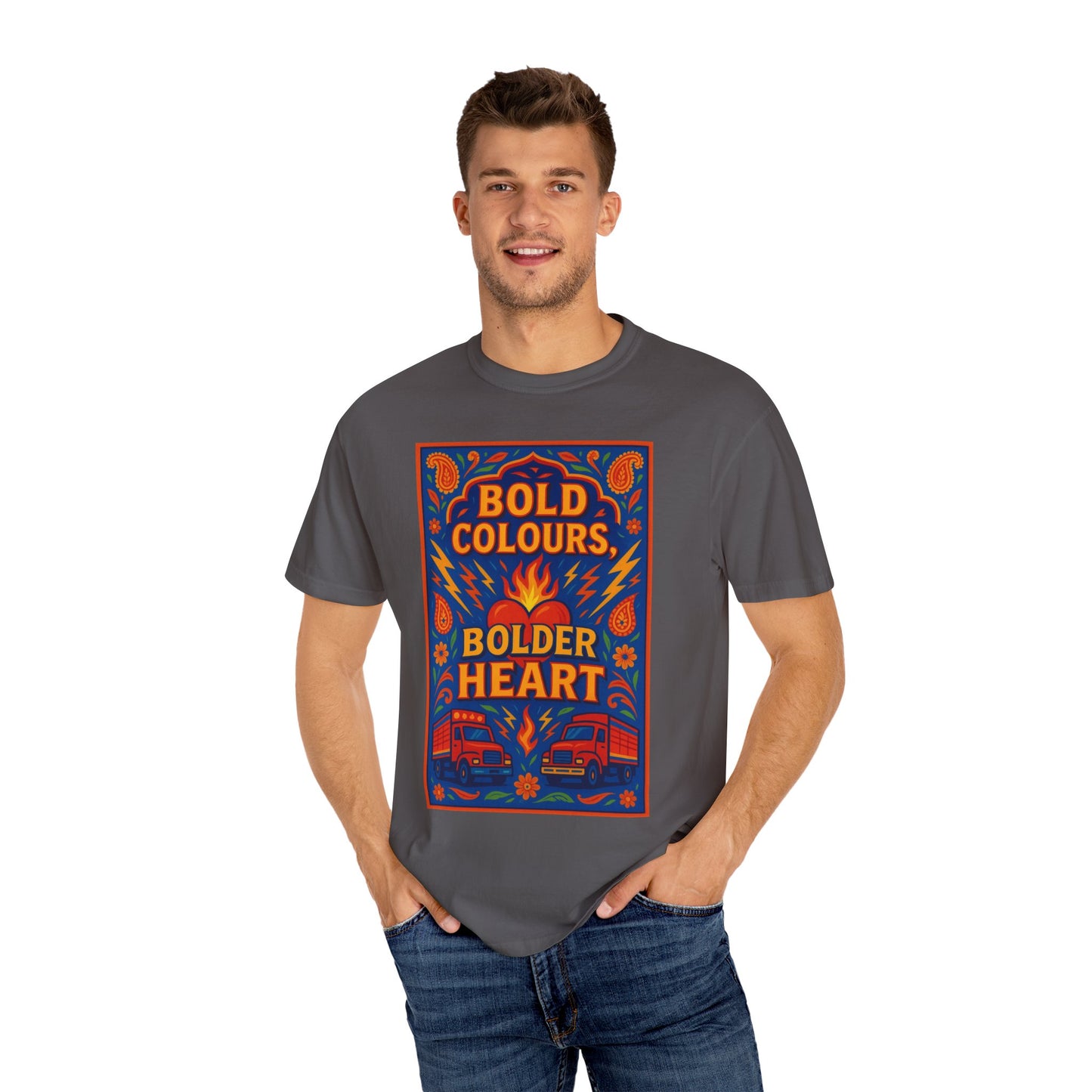Bold Colors Bolder Heart T-Shirt, Vibrant Apparel, Artistic Tee, Casual Wear, Gift for Art Lovers, Statement Shirt