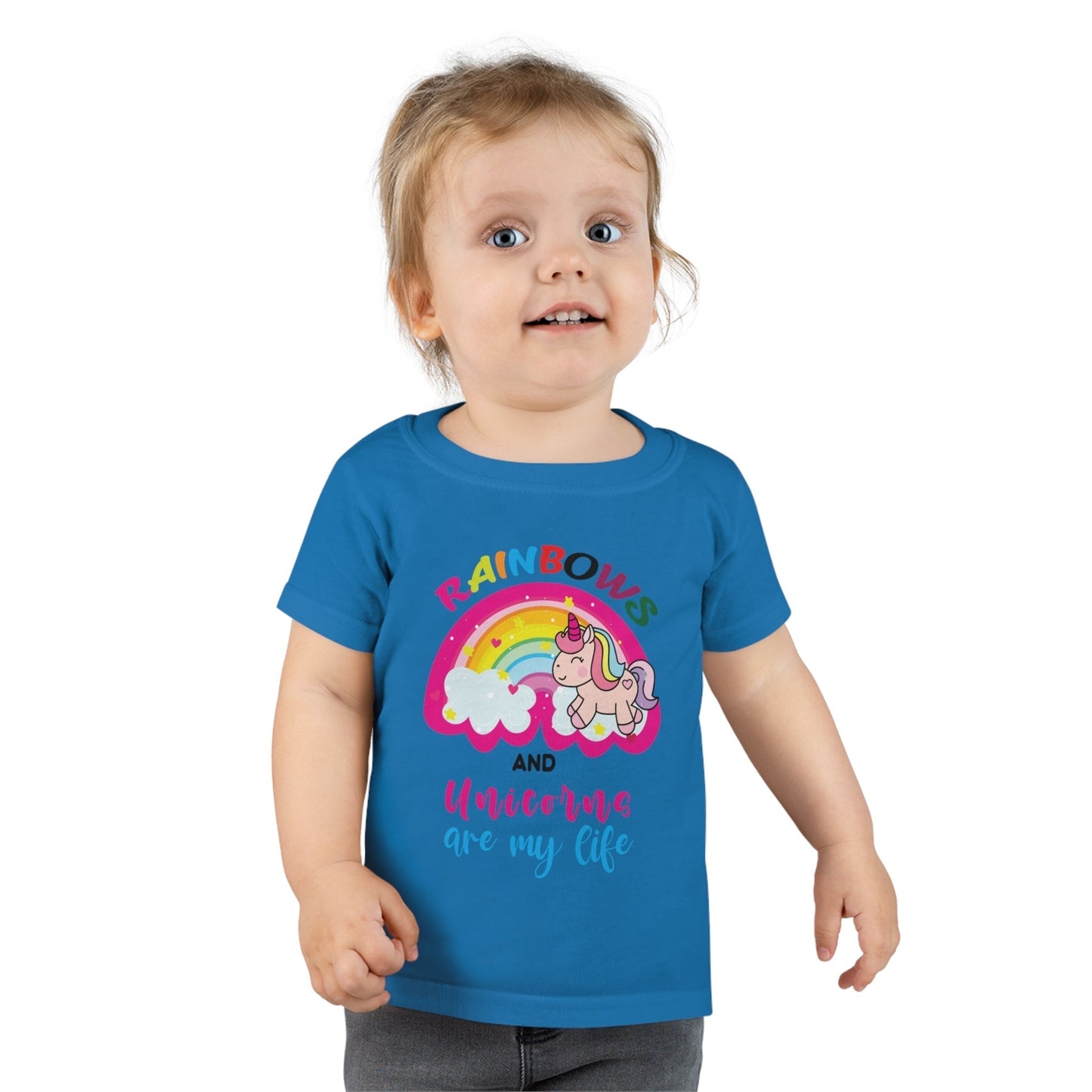Toddler wearing personalized Rainbows T-shirt made of 100% ringspun cotton with classic fit