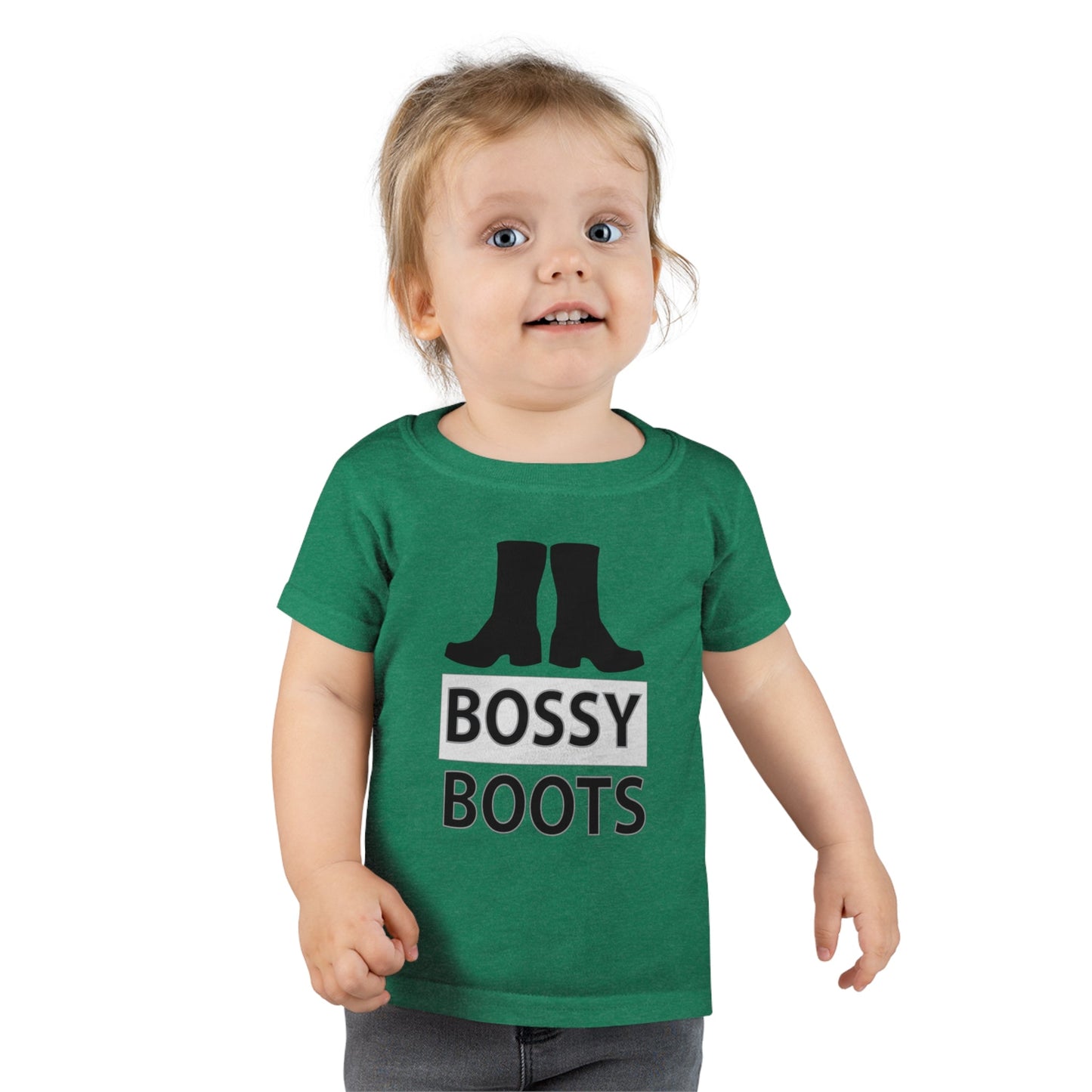 Toddler wearing a grey Bossy boots T-shirt made of 100% ringspun cotton with classic fit and light fabric.