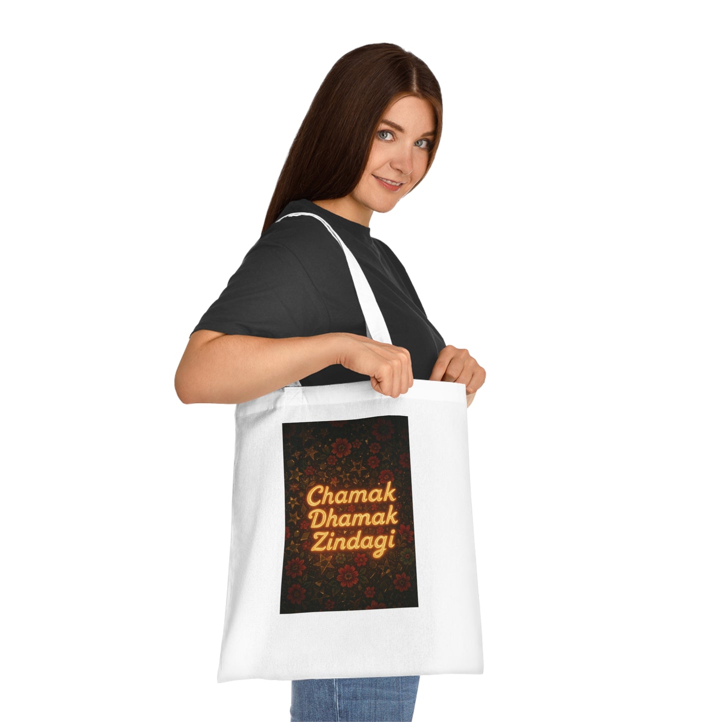 Chamak Dharamak Zindagi Cotton Tote, Canvas Shoulder Bag, Eco-Friendly Shopping Tote, Motivational Gift Bag, Festival Tote for Everyday Use