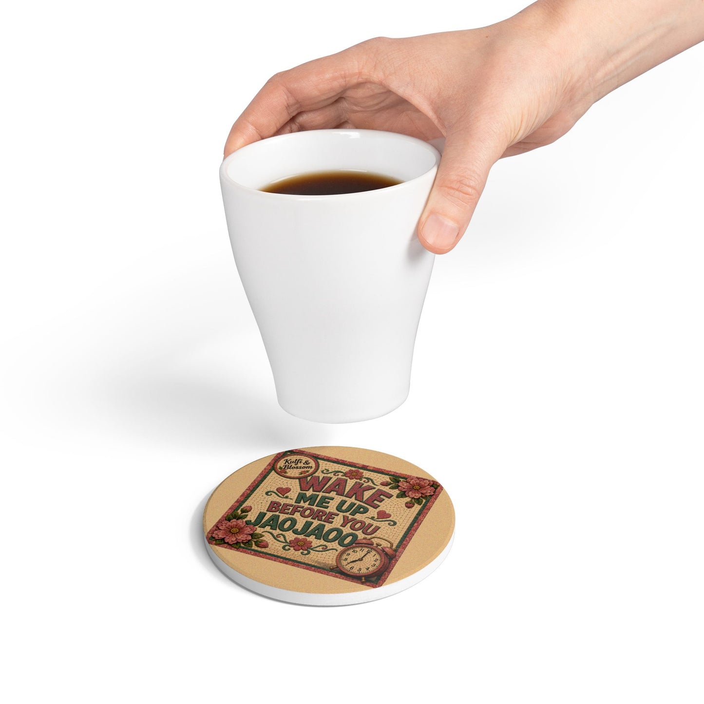Ceramic Coaster — Vintage Floral "Wake Me Up Before You Jaojaoo" Retro Alarm Clock Design