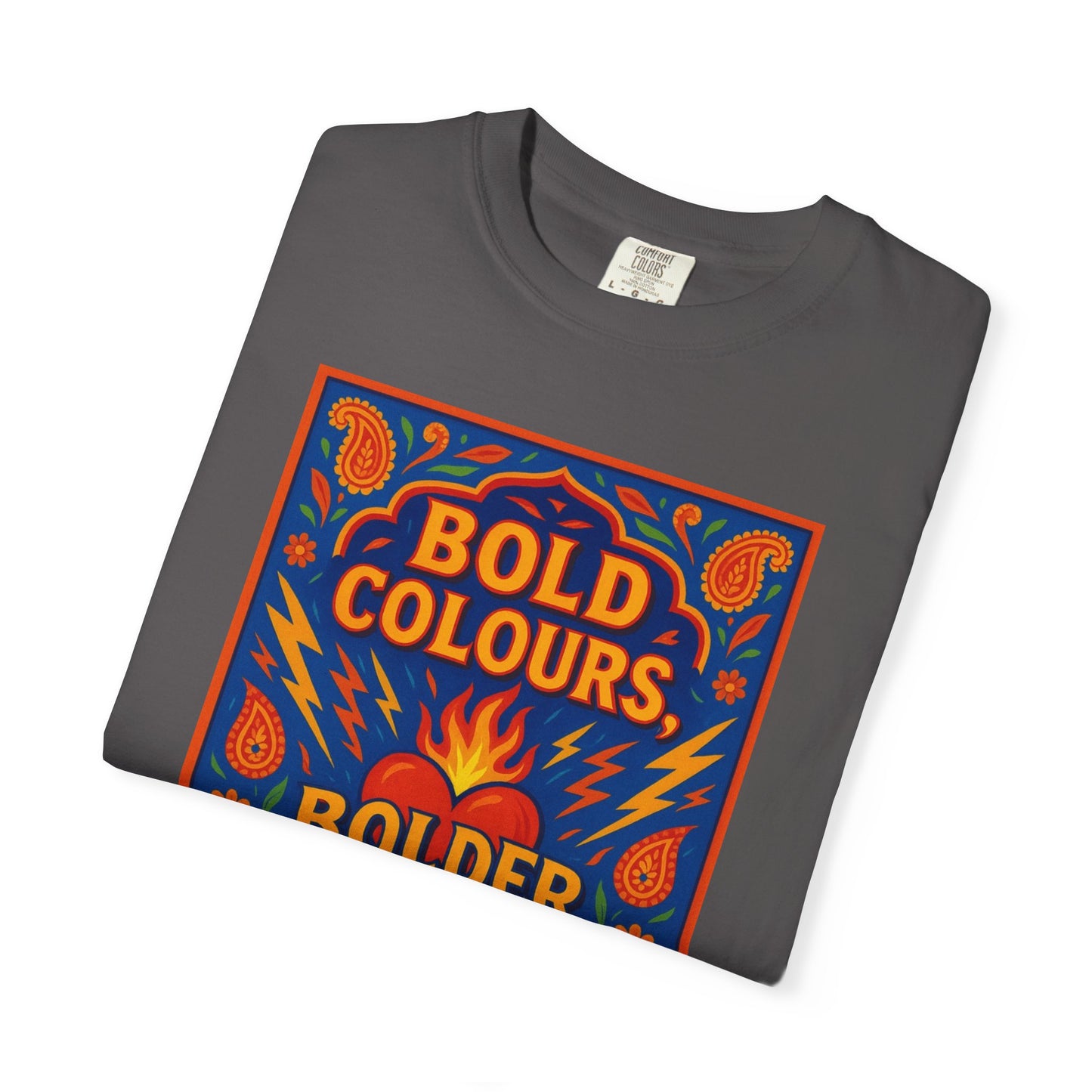 Bold Colors Bolder Heart T-Shirt, Vibrant Apparel, Artistic Tee, Casual Wear, Gift for Art Lovers, Statement Shirt