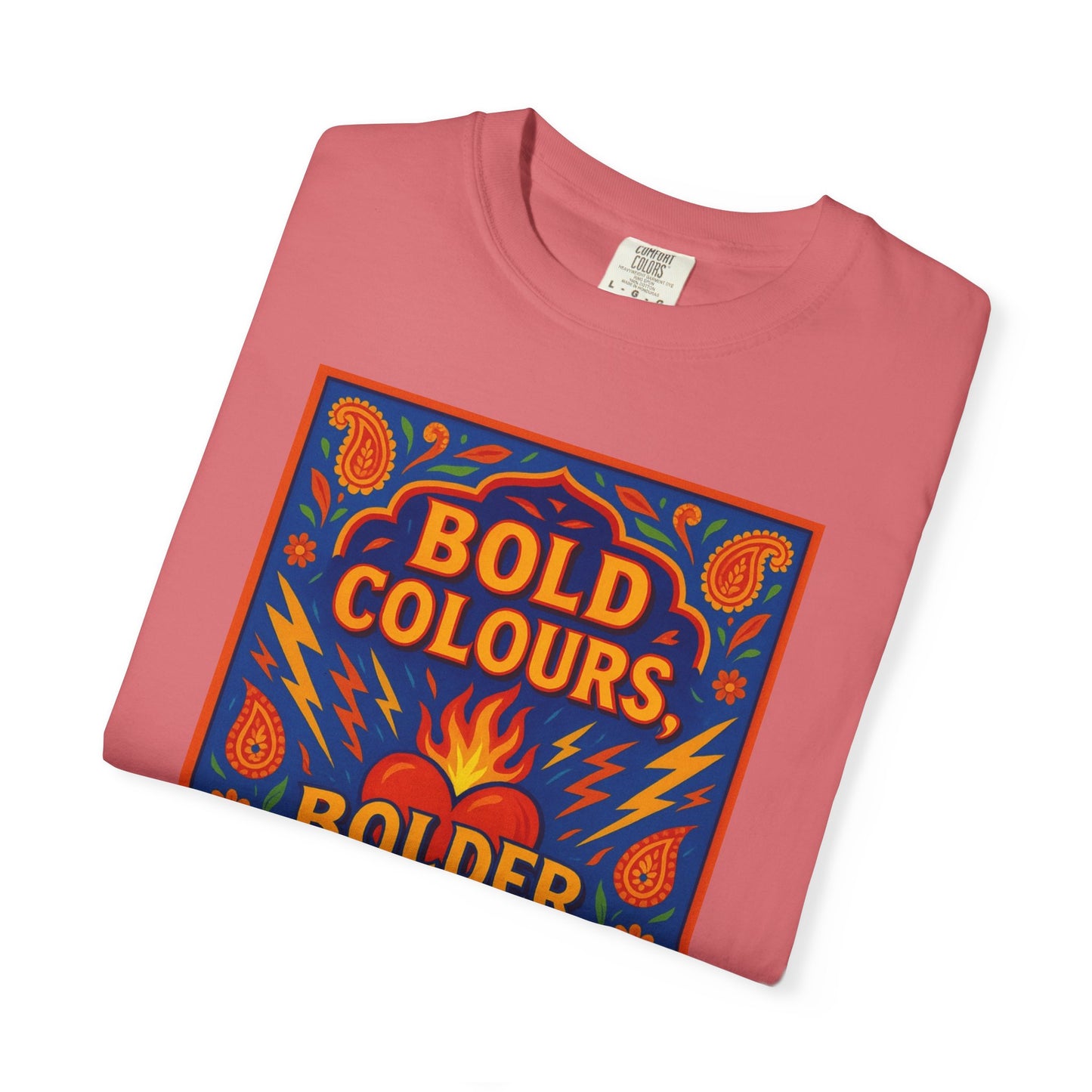 Bold Colors Bolder Heart T-Shirt, Vibrant Apparel, Artistic Tee, Casual Wear, Gift for Art Lovers, Statement Shirt