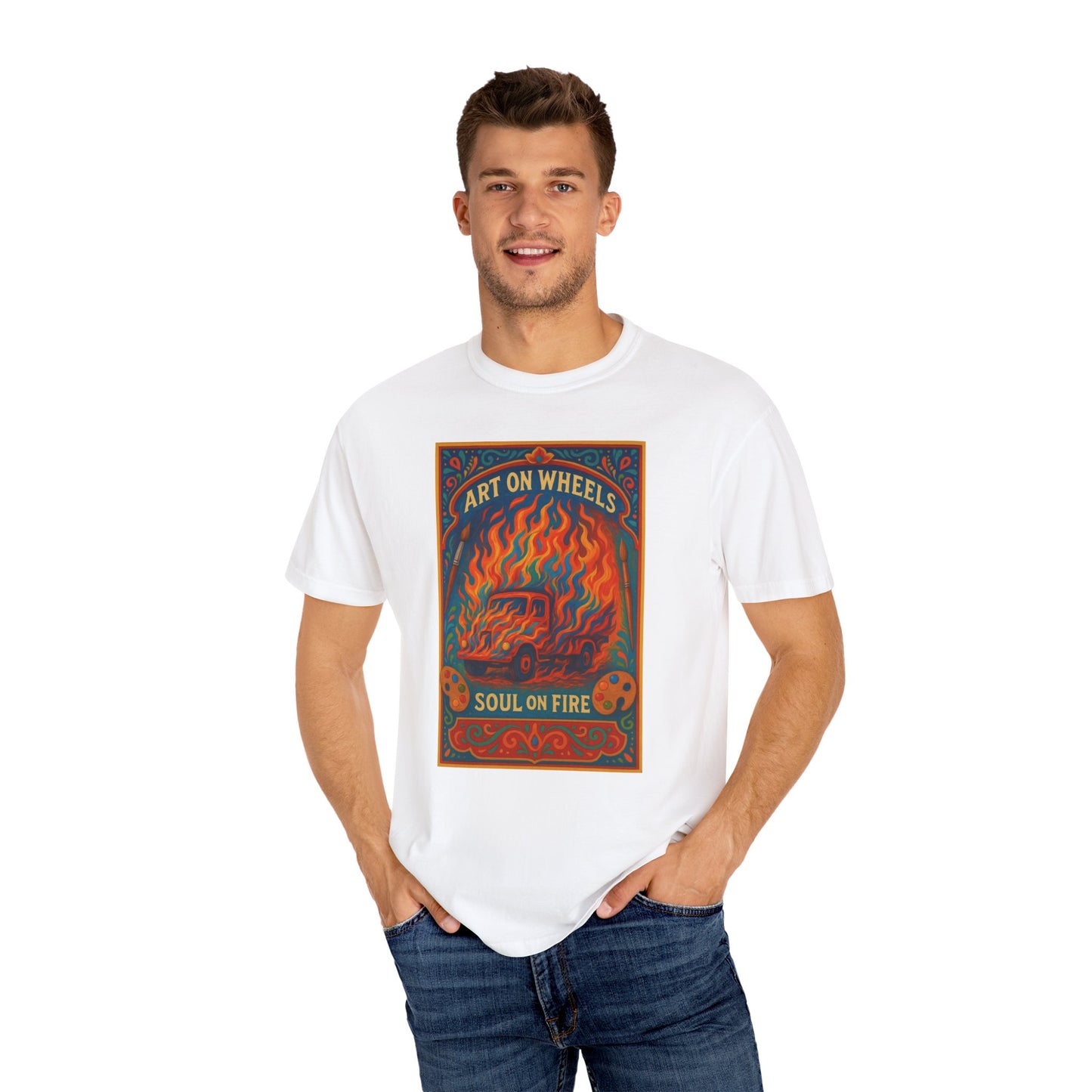 Art on Wheels Soul on Fire Retro T-shirt, Tie-Dye Tee for Art Lovers, Perfect Gift for Festivals, Summer Parties, and Creative Souls