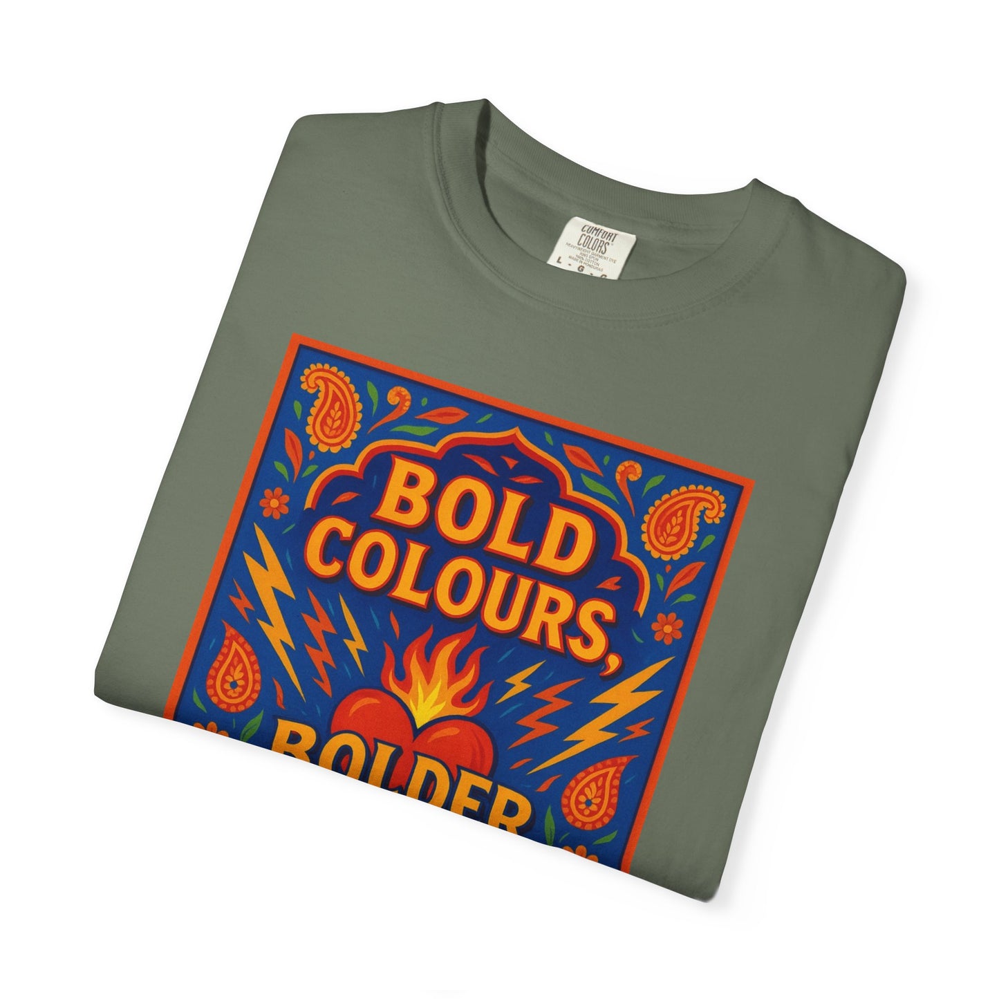 Bold Colors Bolder Heart T-Shirt, Vibrant Apparel, Artistic Tee, Casual Wear, Gift for Art Lovers, Statement Shirt