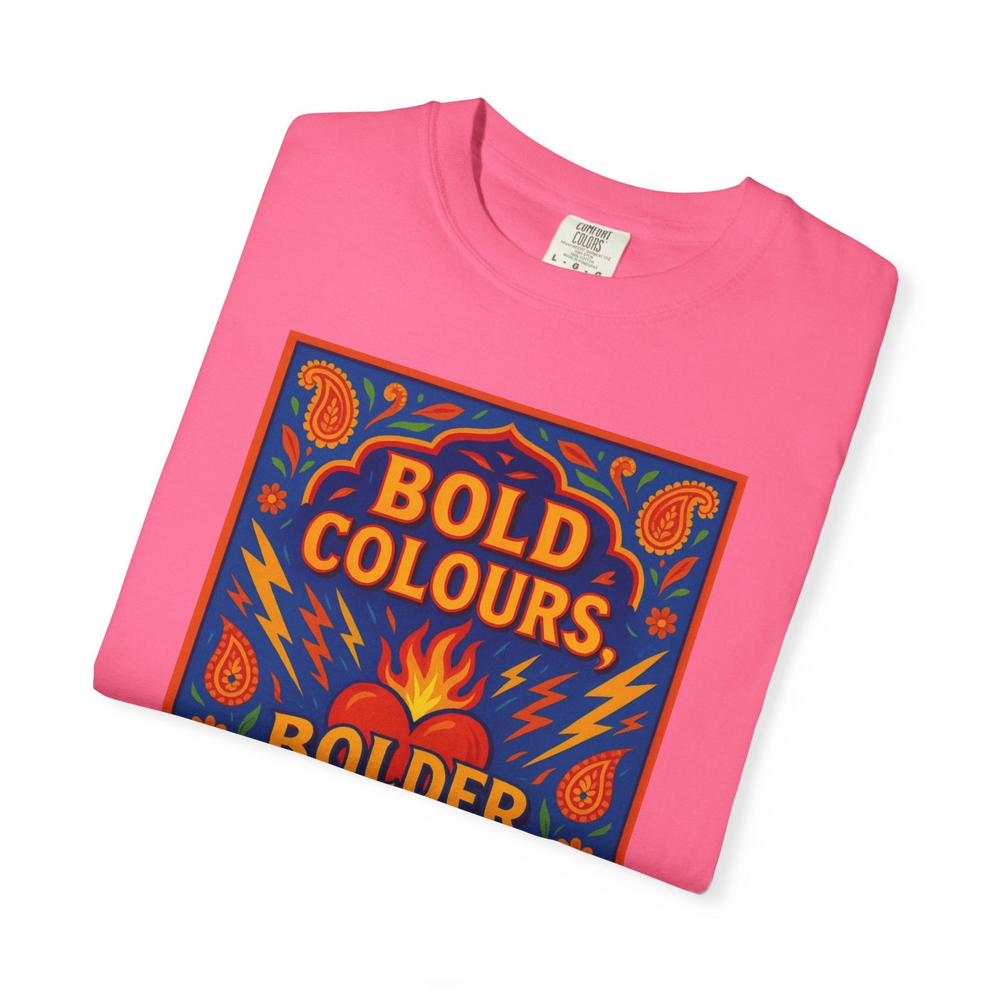 Bold Colors Bolder Heart T-Shirt, Vibrant Apparel, Artistic Tee, Casual Wear, Gift for Art Lovers, Statement Shirt