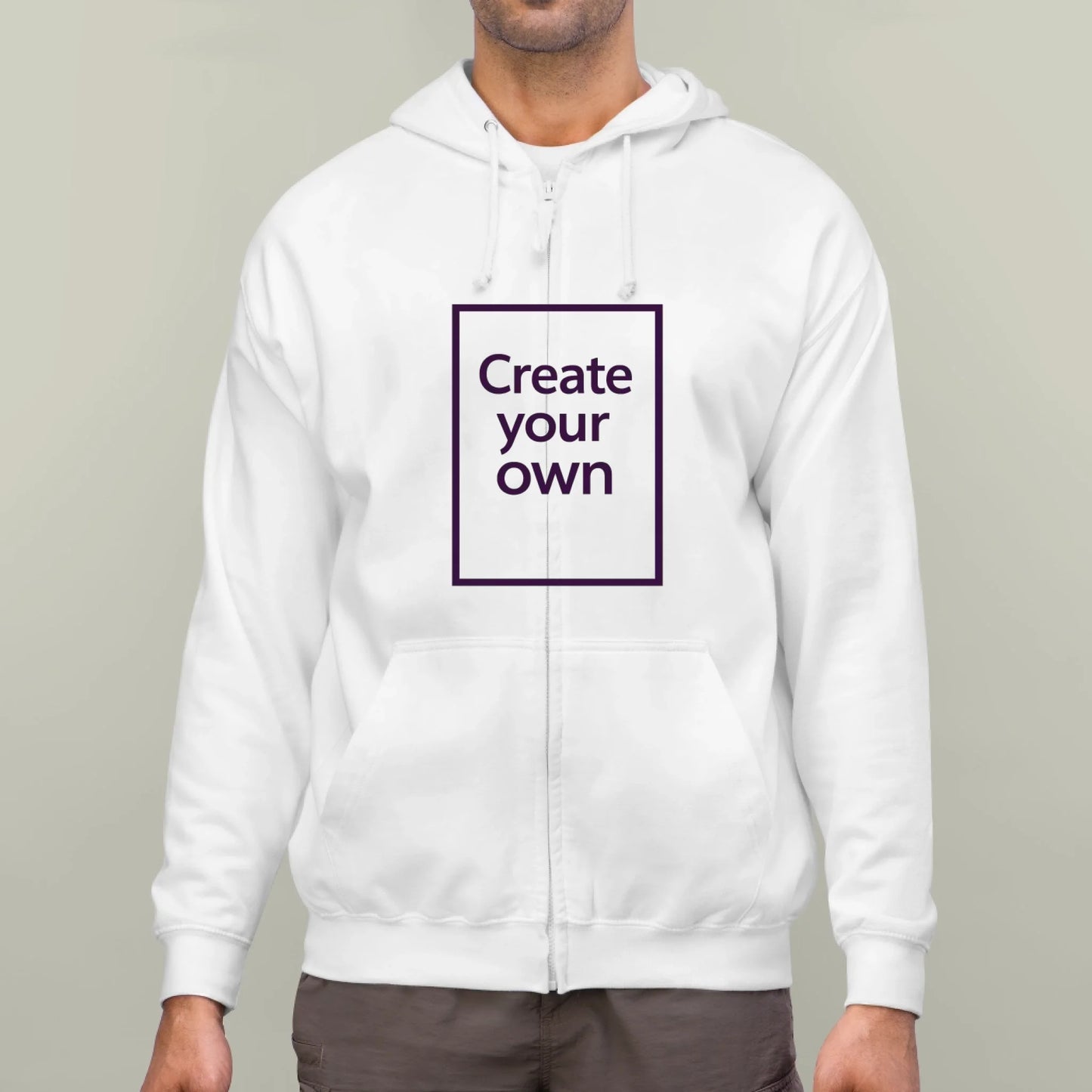 White hoodie with 'Create your own' text on a plain background