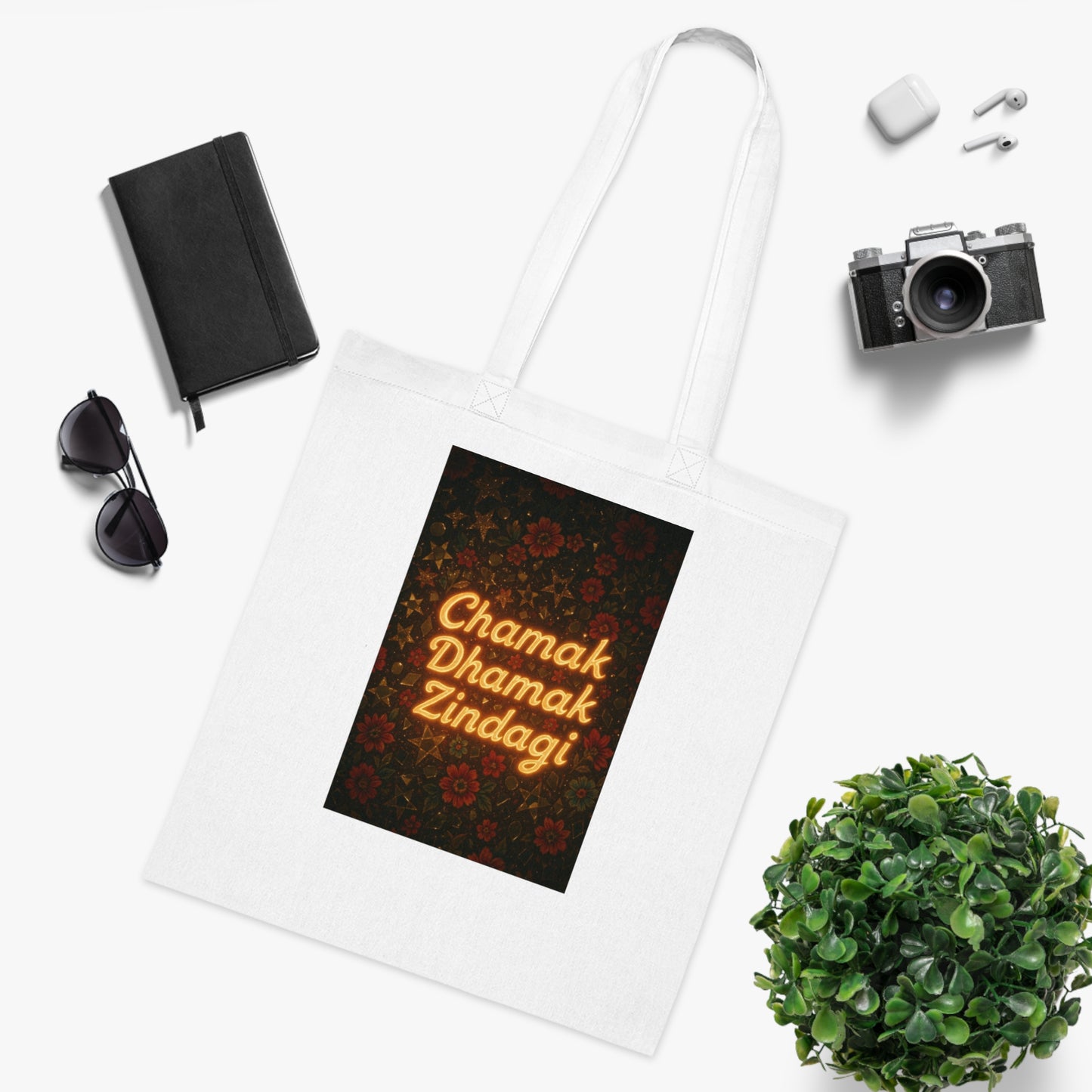 Chamak Dharamak Zindagi Cotton Tote, Canvas Shoulder Bag, Eco-Friendly Shopping Tote, Motivational Gift Bag, Festival Tote for Everyday Use