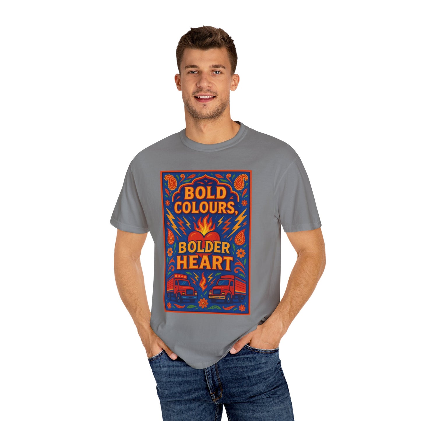 Bold Colors Bolder Heart T-Shirt, Vibrant Apparel, Artistic Tee, Casual Wear, Gift for Art Lovers, Statement Shirt