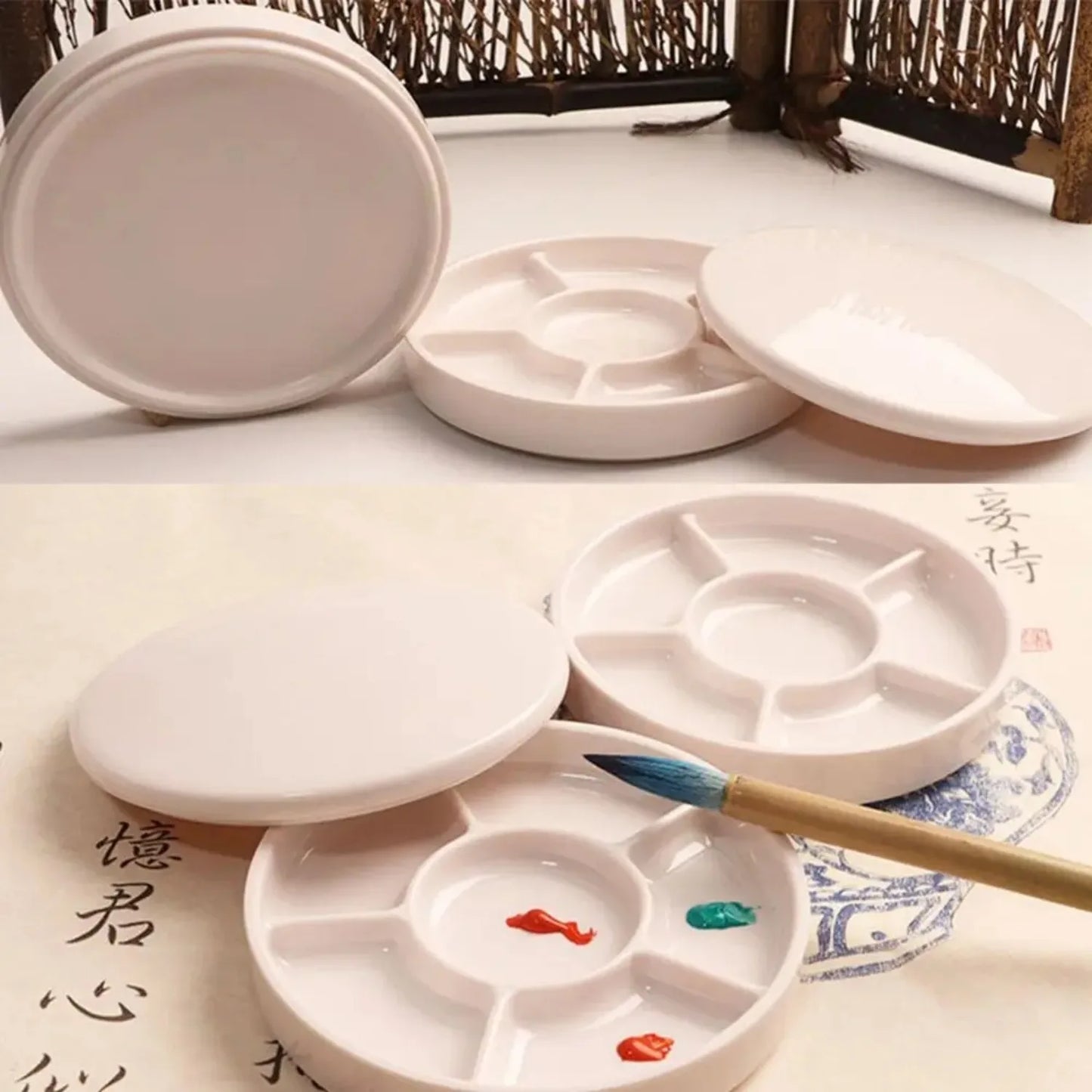 Imitation Porcelain Round Palette with Lid Acrylic Watercolor Painting Multifunctional White Paint Tray Artist Supplies