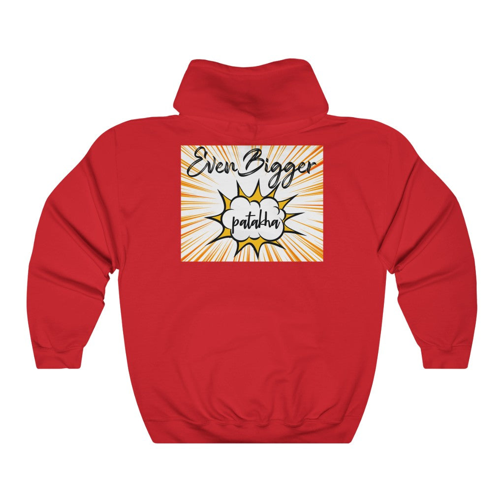 Red Even Bigger Patakha hooded sweatshirt with comic-style graphic and text on back