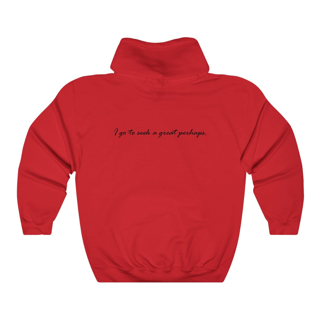 Red "I go to seek a great perhaps" hooded sweatshirt with classic fit and thick cotton-polyester blend fabric