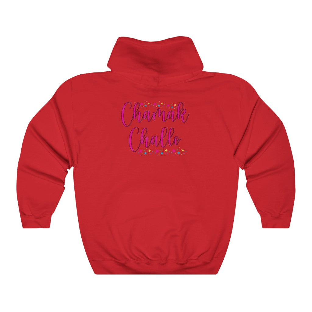 Red Chamak Challo hooded sweatshirt with colorful star accents and classic fit design