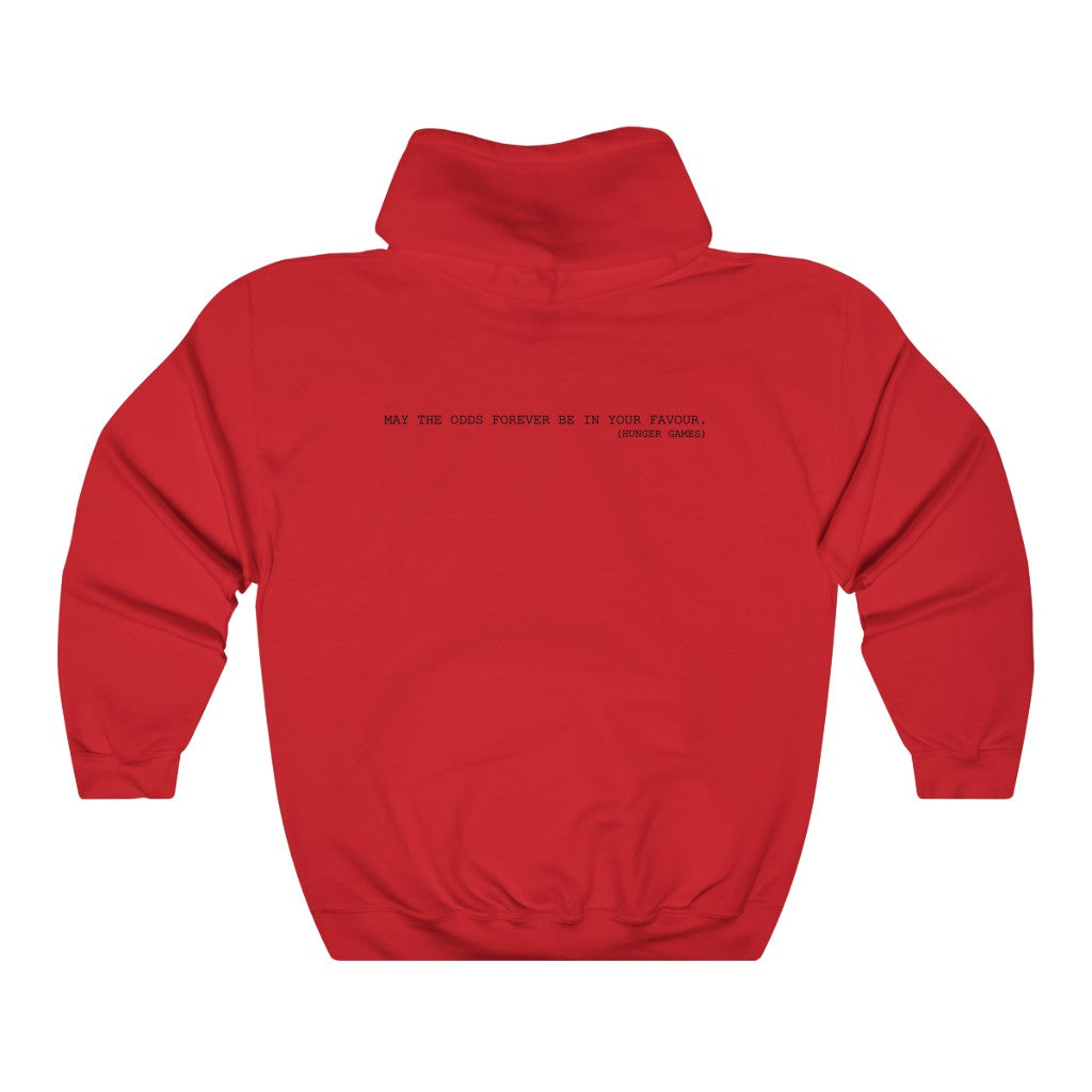 Red May the Odds Forever hooded sweatshirt with printed slogan on back and classic fit design
