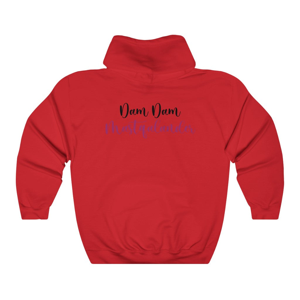 Red Dam Dam Mastqalander hooded sweatshirt with black and blue text design on back, made from 50% cotton and 50% polyester.