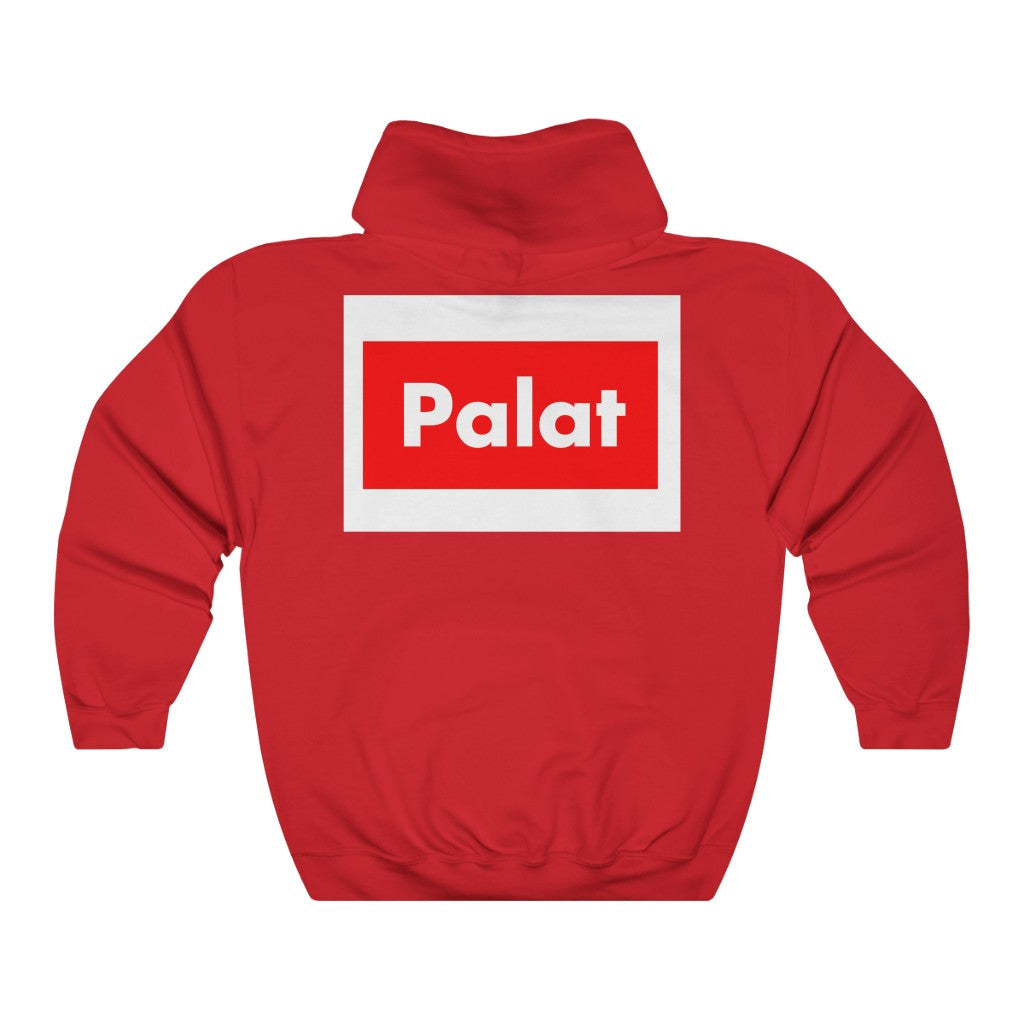 Red Palat hooded sweatshirt with white rectangular logo on back, made of cotton-polyester blend, classic fit, medium-heavy fabric