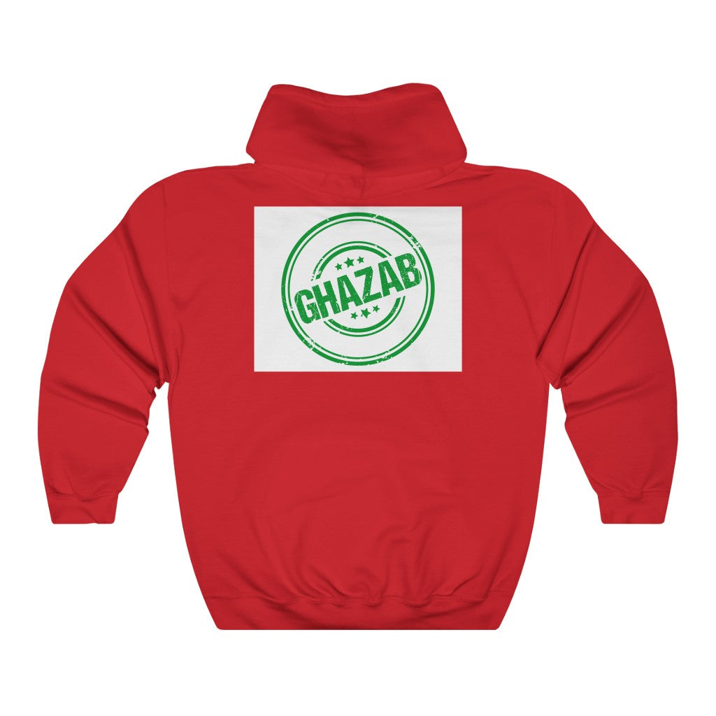 Red Gazab hooded sweatshirt with green logo on the back, cotton-polyester blend, classic fit