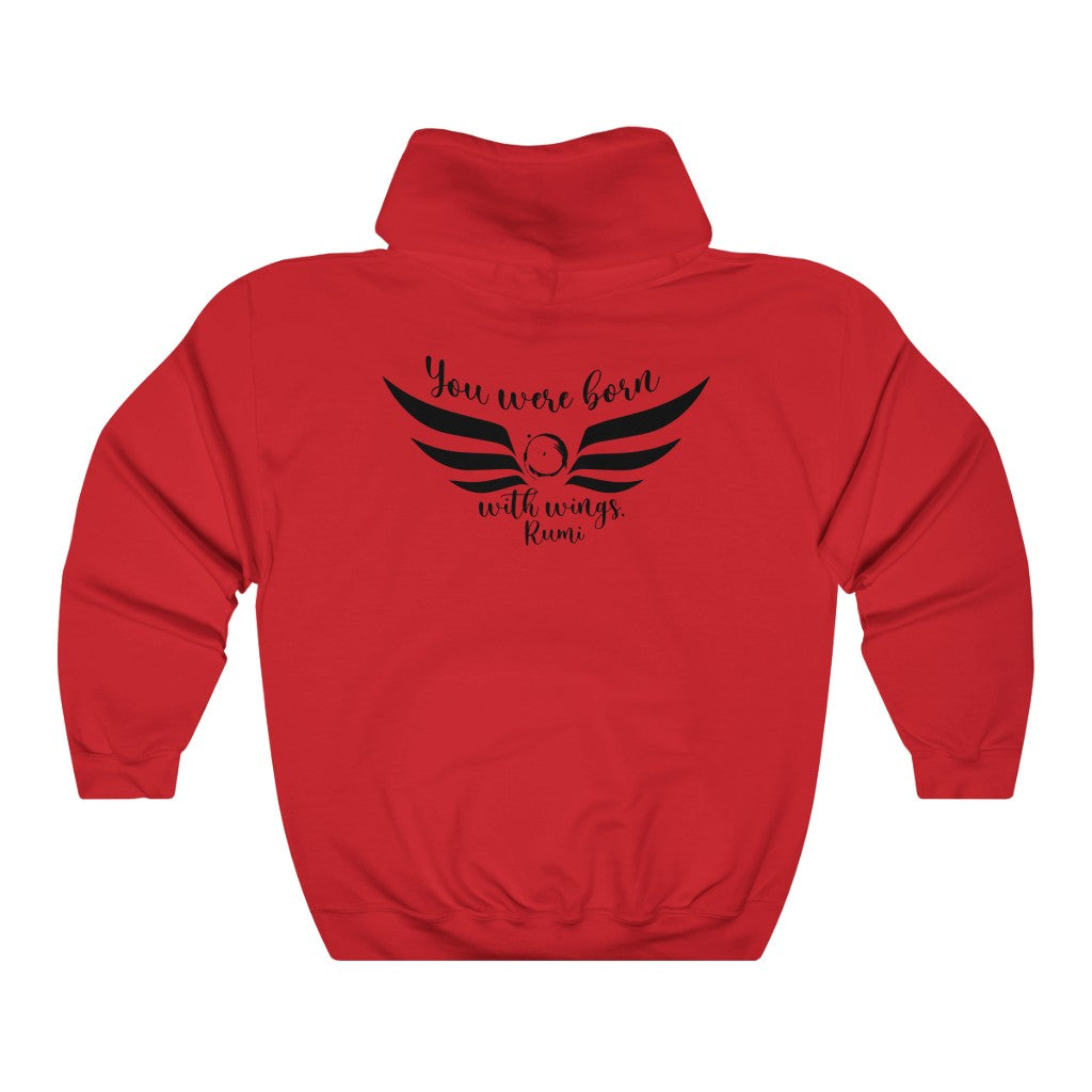 Red hooded sweatshirt with black wing design and "You were born with wings, Rumi" text on back