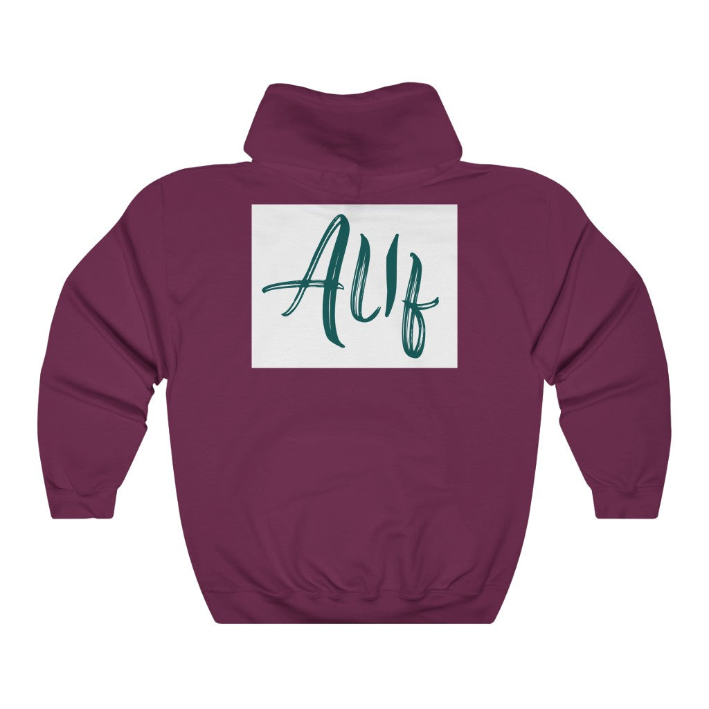 Maroon Alif Hooded Sweatshirt with white square and teal "Alif" text on back