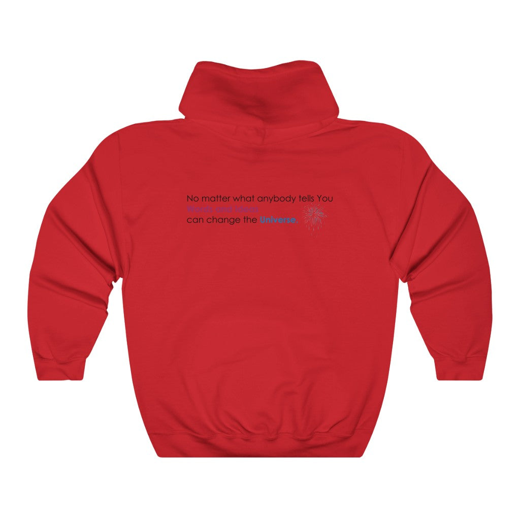 Red hooded sweatshirt with motivational text and fireworks design on the back, made of cotton and polyester blend.