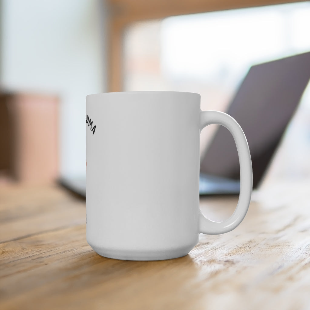White ceramic mug 15oz with C-handle on wooden table in office setting