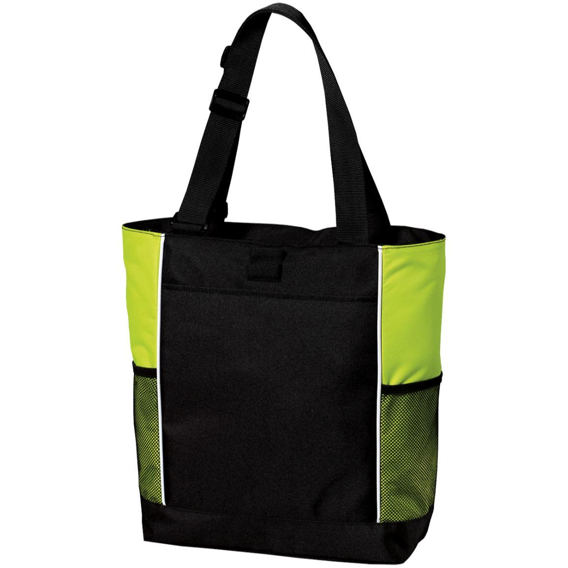 Port Authority colorblock zipper tote bag with adjustable handles, front pocket, and side water bottle holders in black and lime green polyester