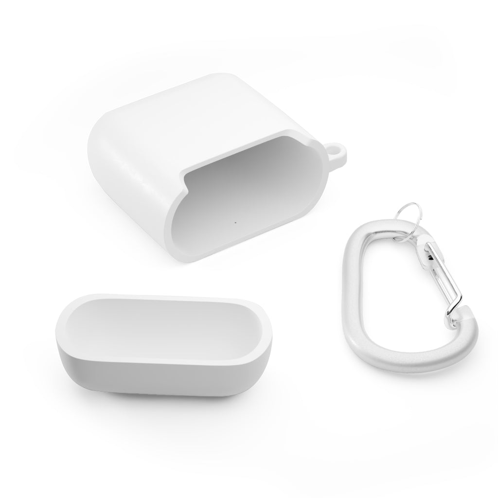 White personalized AirPods case cover with metal carabiner and bottom piece in TPU material