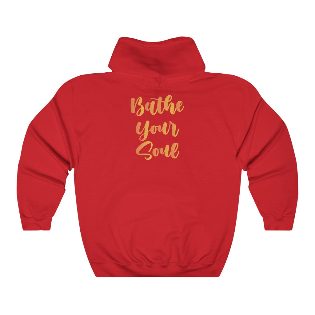 Red Bathe Your Soul hooded sweatshirt with gold text on back, cotton-polyester blend, classic fit