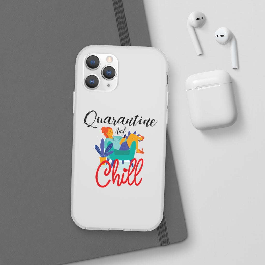 White flexible phone case with "Quarantine and Chill" design beside wireless earbuds and a gray notebook showcasing slim, tear-resistant Flexi Cases