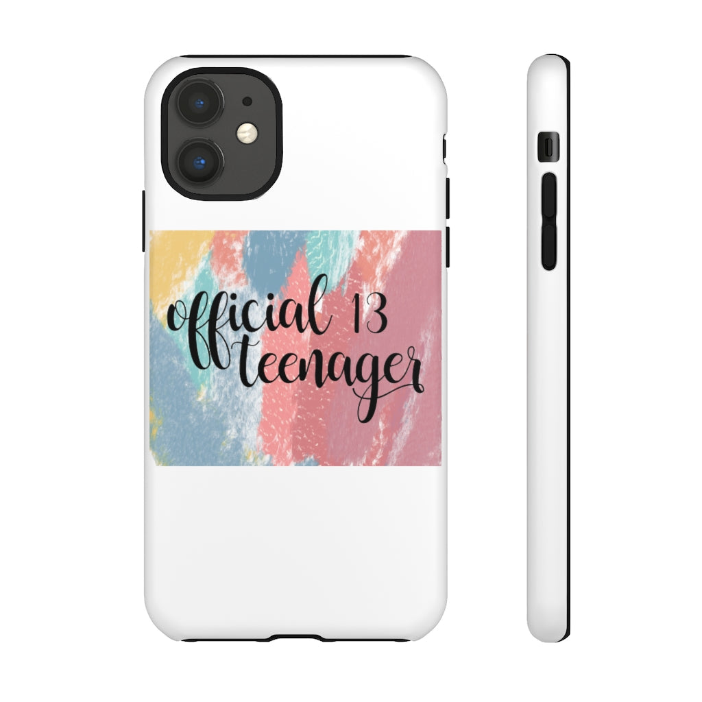 White Tough Case phone cover with colorful abstract background and "official 13 teenager" text design