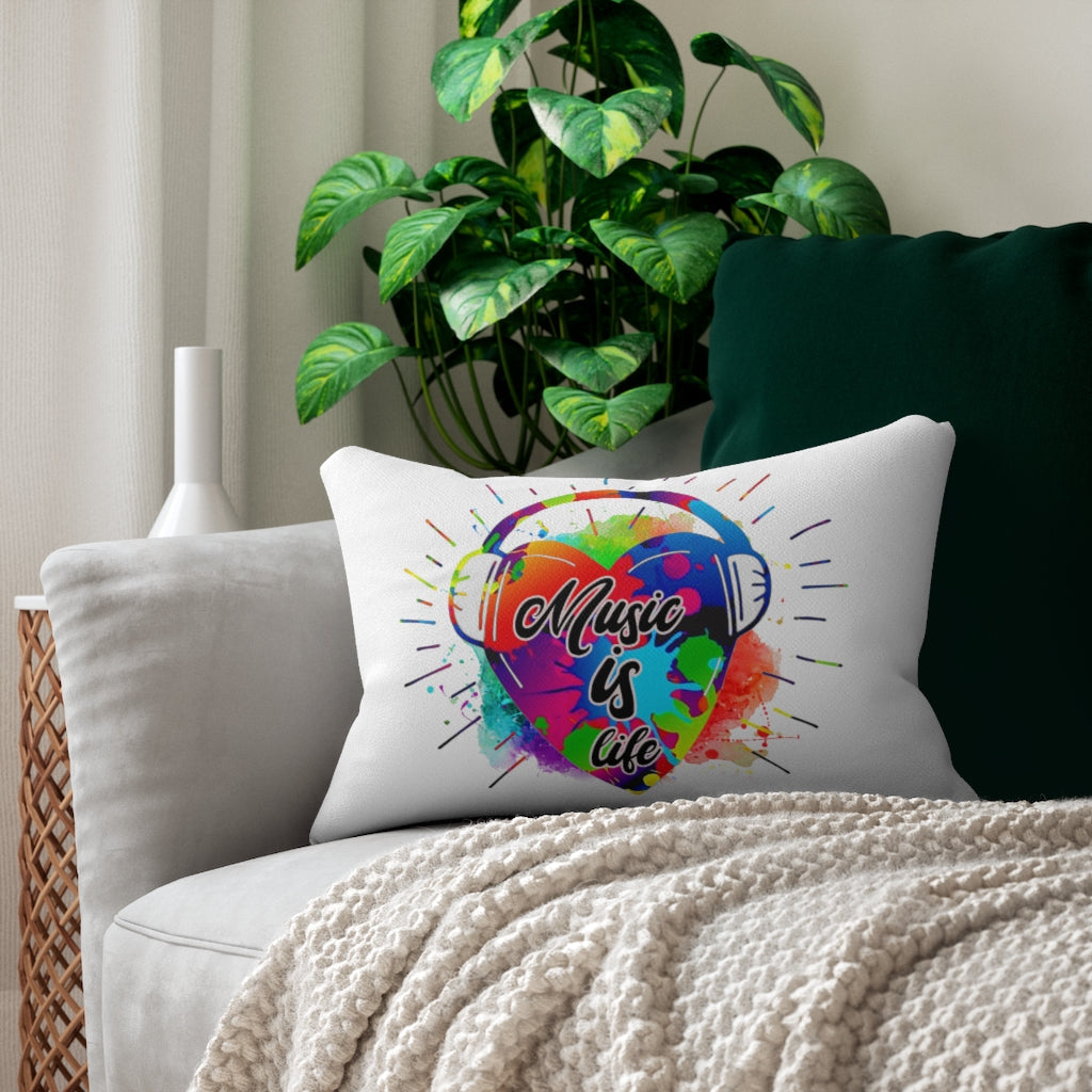Spun Polyester Lumbar Pillow with colorful "Music is life" print on white cover, placed on couch with green and beige cushions and cozy knitted blanket.