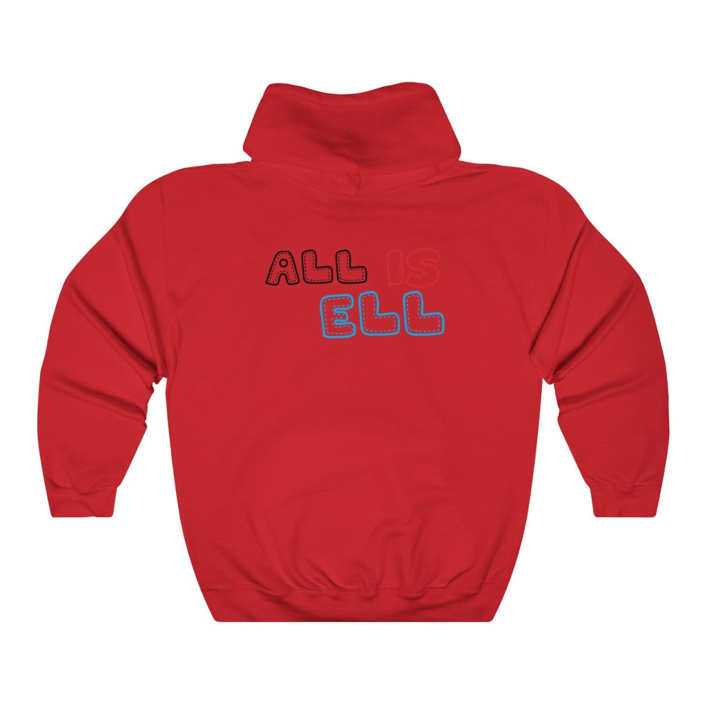 Red All is ell hooded sweatshirt with black and blue text design on the back, made of 50% cotton and 50% polyester, classic fit.