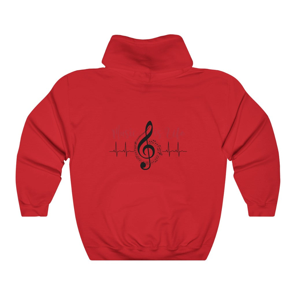 Red "Music is life" hooded sweatshirt with treble clef and heartbeat design