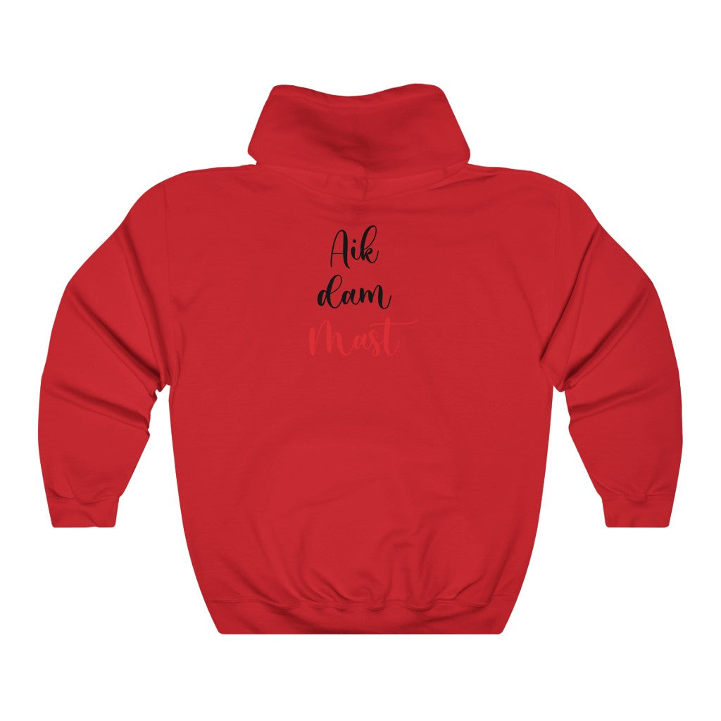 Red Aik Dam Mast hooded sweatshirt with black and red text on back, classic fit, cotton-polyester blend.