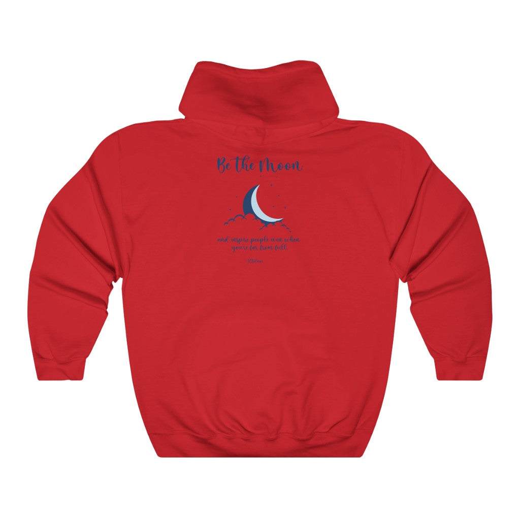 Red Be The Moon hoodie with crescent moon graphic and text on back, cotton-polyester blend