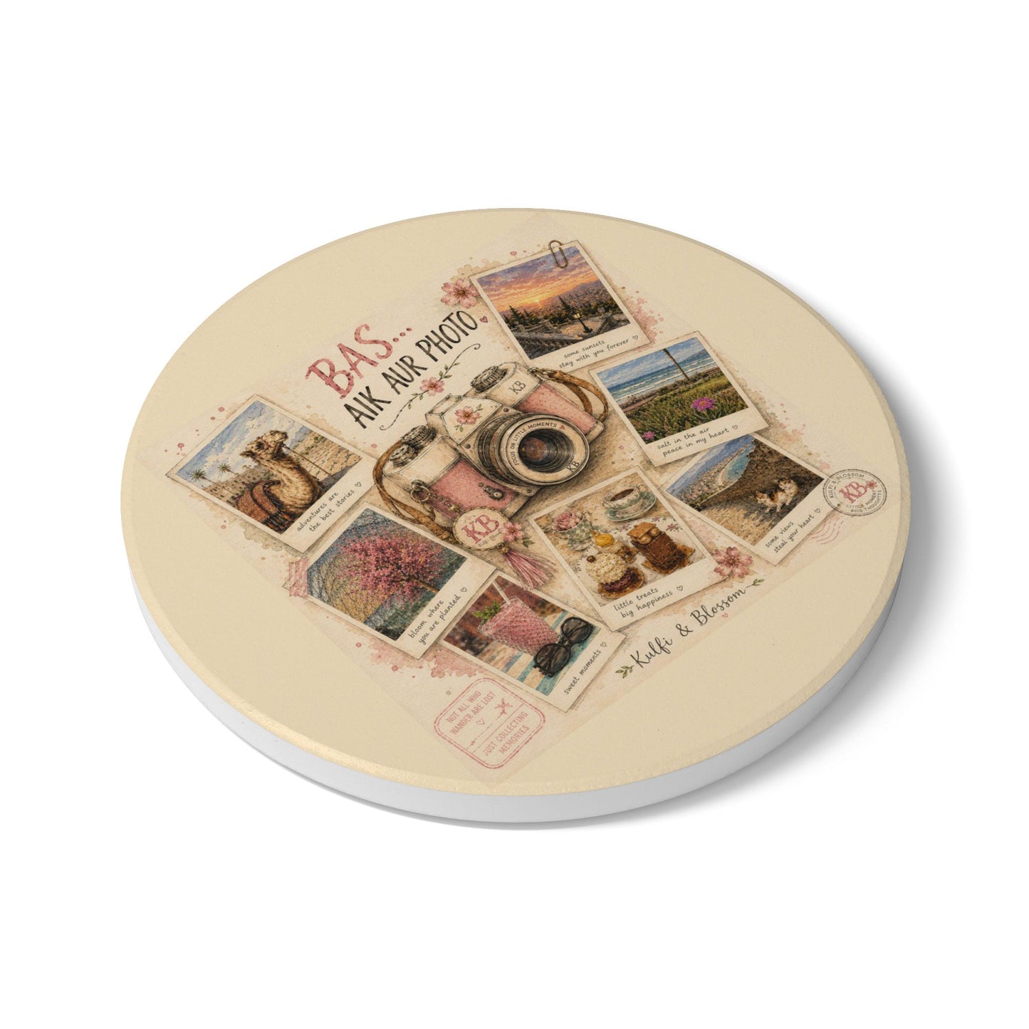 Ceramic Coaster — Vintage Camera & Travel Polaroid Collage ("Bas... Aik Aur Photo")