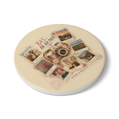 Ceramic Coaster — Vintage Camera & Travel Polaroid Collage ("Bas... Aik Aur Photo")