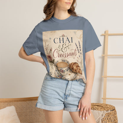 Chai & Croissants T-Shirt — Vintage Tea Cup & Pastry Graphic