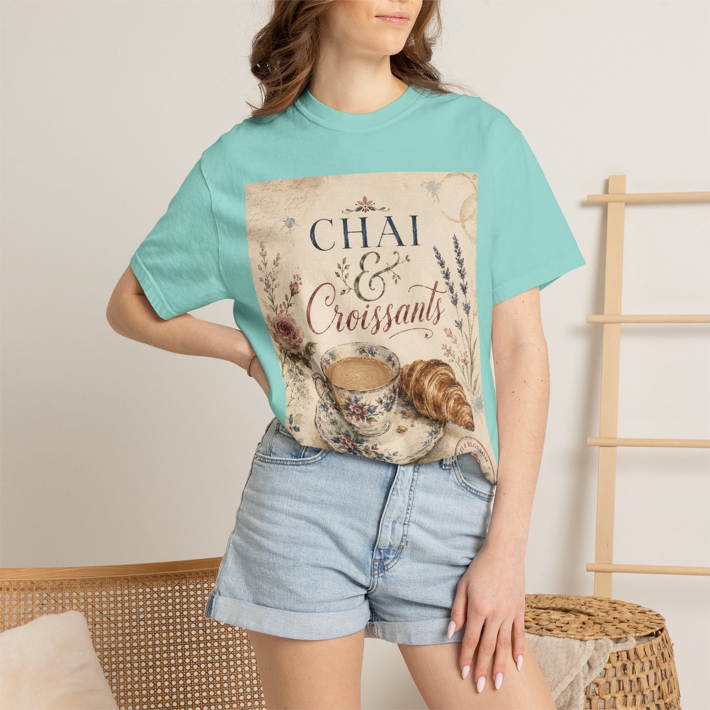 Chai & Croissants T-Shirt — Vintage Tea Cup & Pastry Graphic