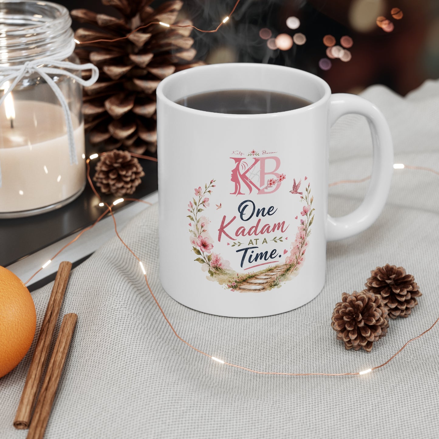 One Kadam at a Time Floral Mug — Inspirational Urdu/English Motivational Coffee Cup