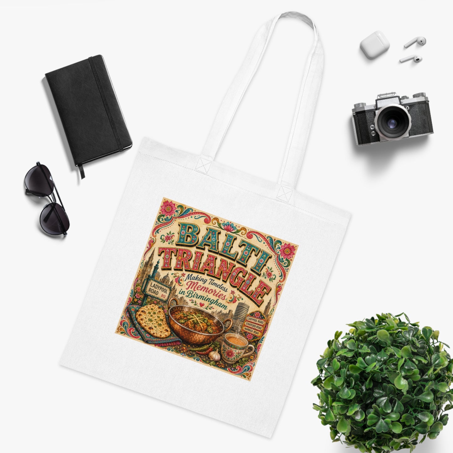 Bali Triangle Vintage Kitchen Cotton Tote — Retro Food & Tea Market Design