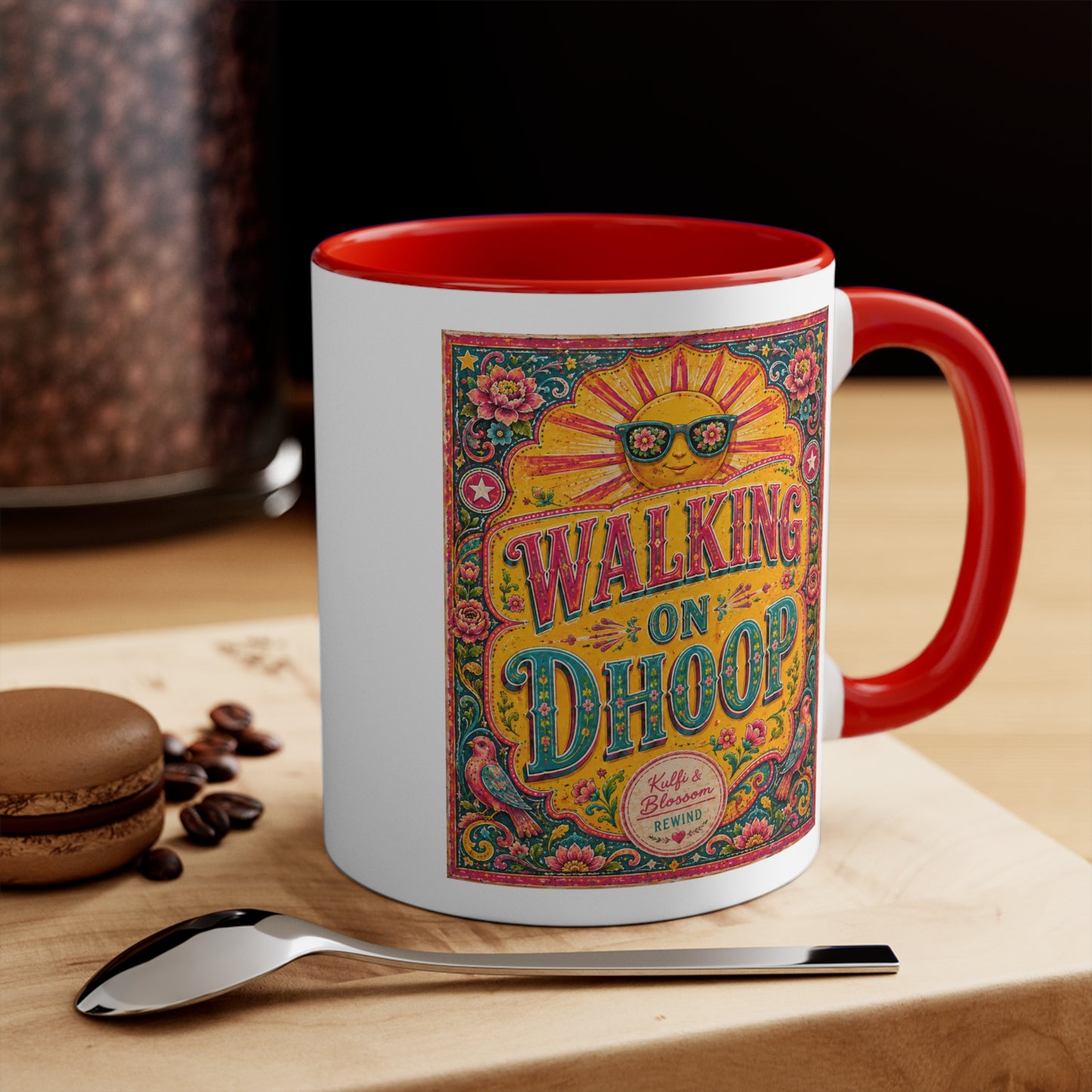 Walking on Dhoop Accent Mug — Bright Retro Sun Graphic Coffee Cup