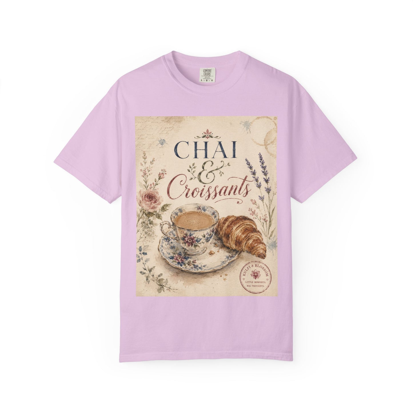 Chai & Croissants T-Shirt — Vintage Tea Cup & Pastry Graphic