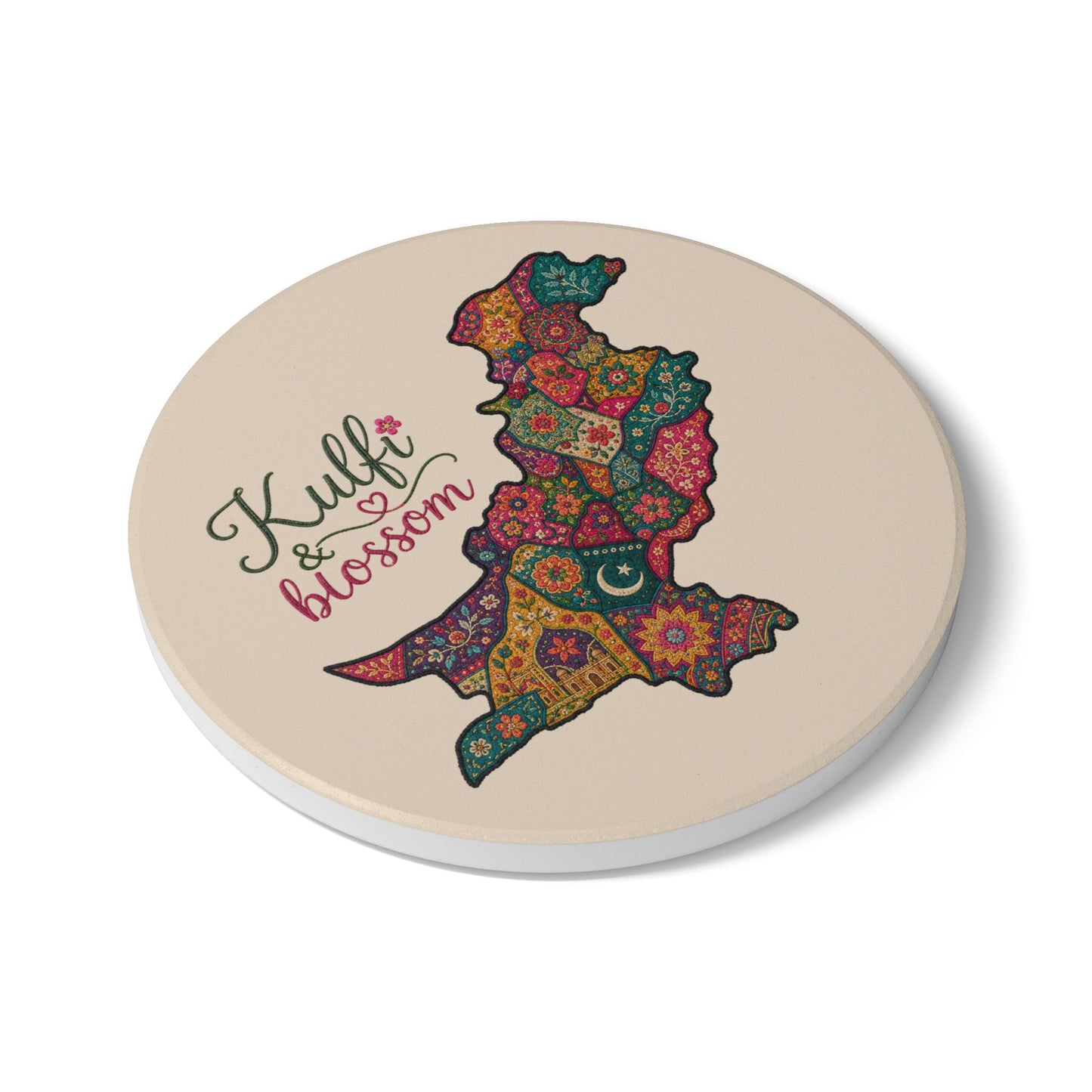 Pakistan Map Ceramic Coaster — "Kulfi & blossom" Floral Paisley Design