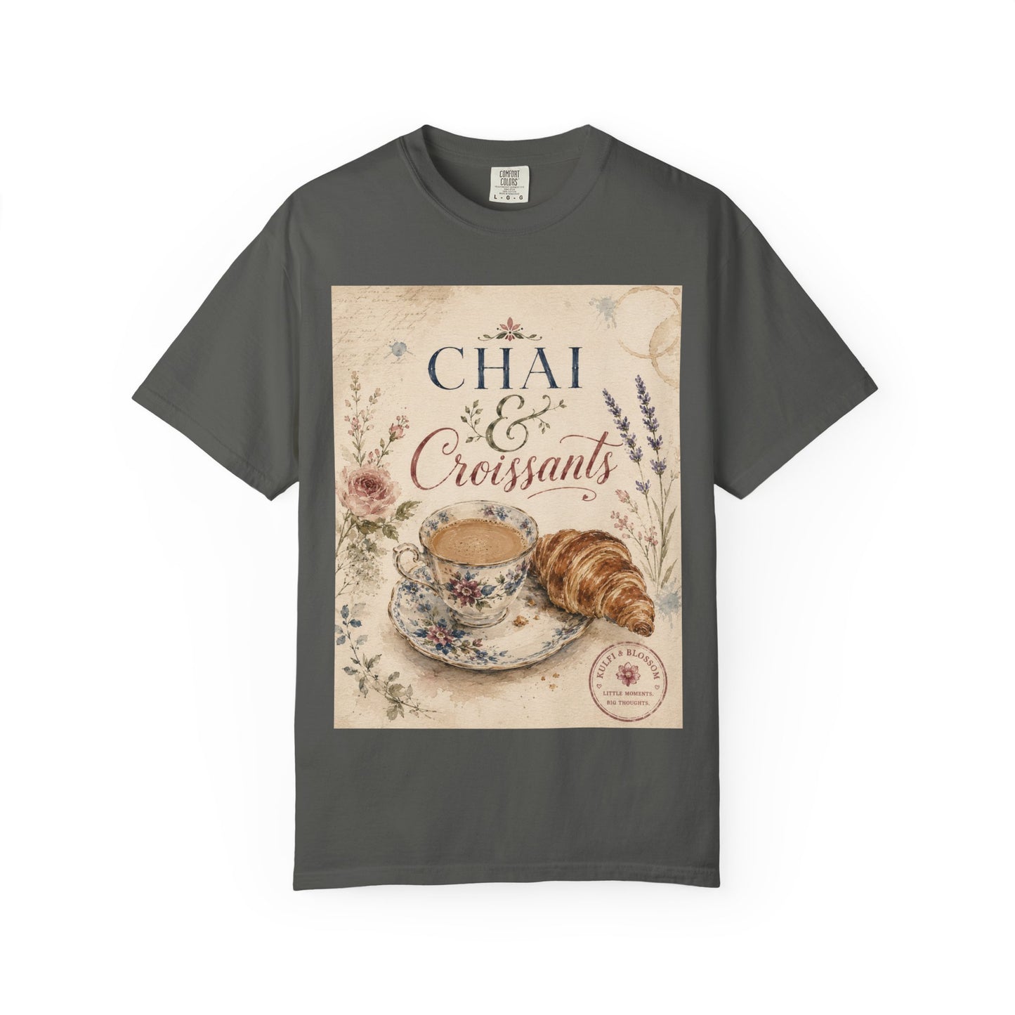Chai & Croissants T-Shirt — Vintage Tea Cup & Pastry Graphic