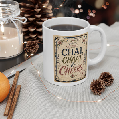 Chai, Chaat & Cheers Mug – Vintage Tea & Snack Lover Coffee Cup