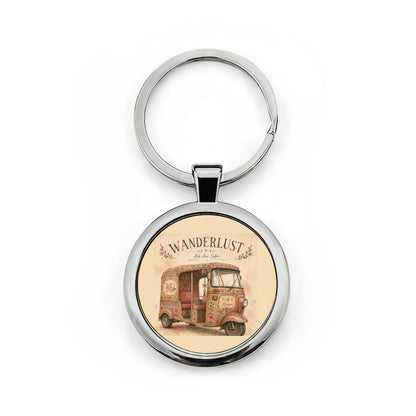 Wanderlust Vintage Camper Round Stainless Steel Keychain