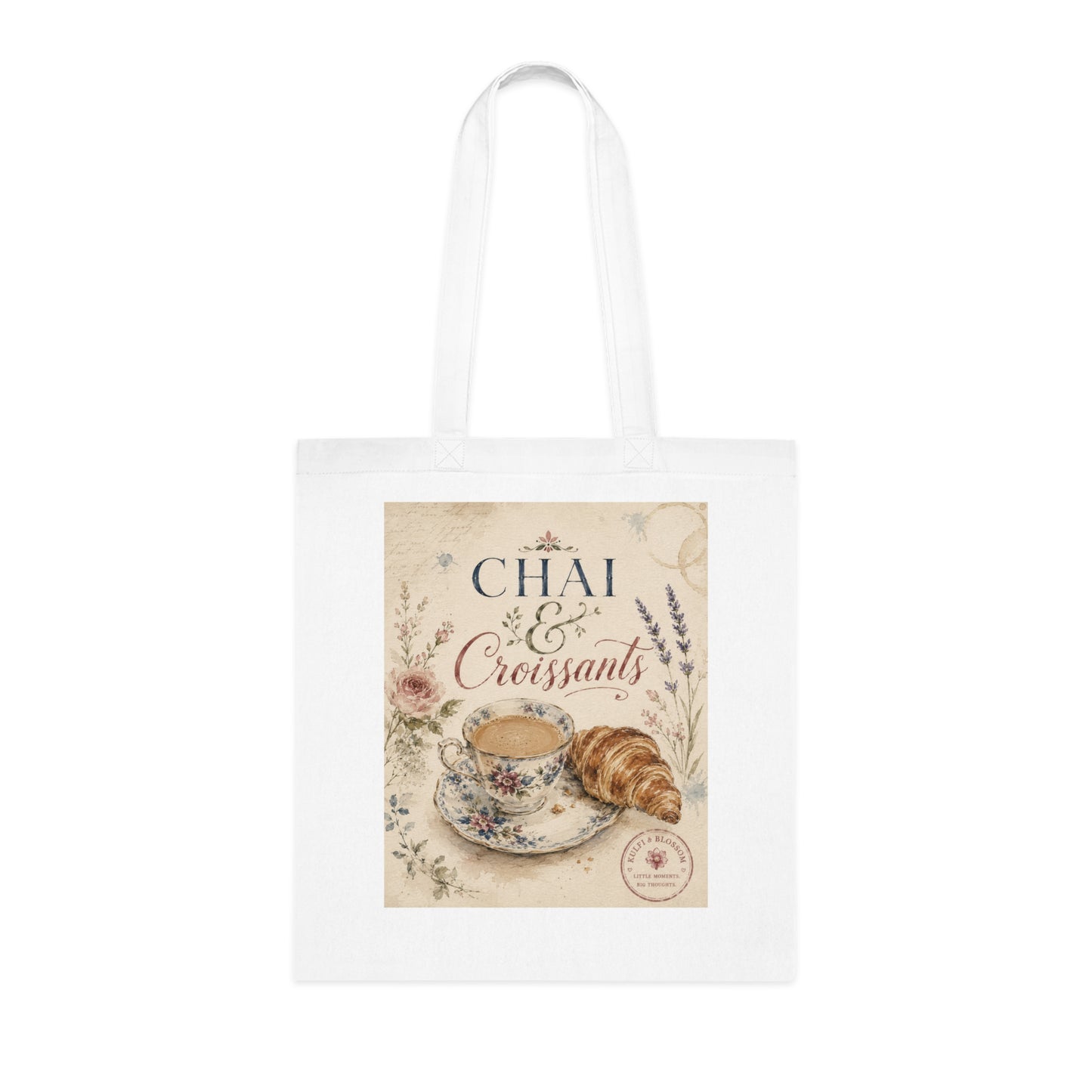 Chai & Croissants Cotton Tote Bag — Vintage Tea Cup & Pastry Market Tote