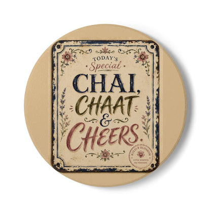 Ceramic Coaster - "Chai, Chaat & Cheers" Vintage Tea Time Coaster