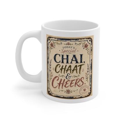 Chai, Chaat & Cheers Mug – Vintage Tea & Snack Lover Coffee Cup